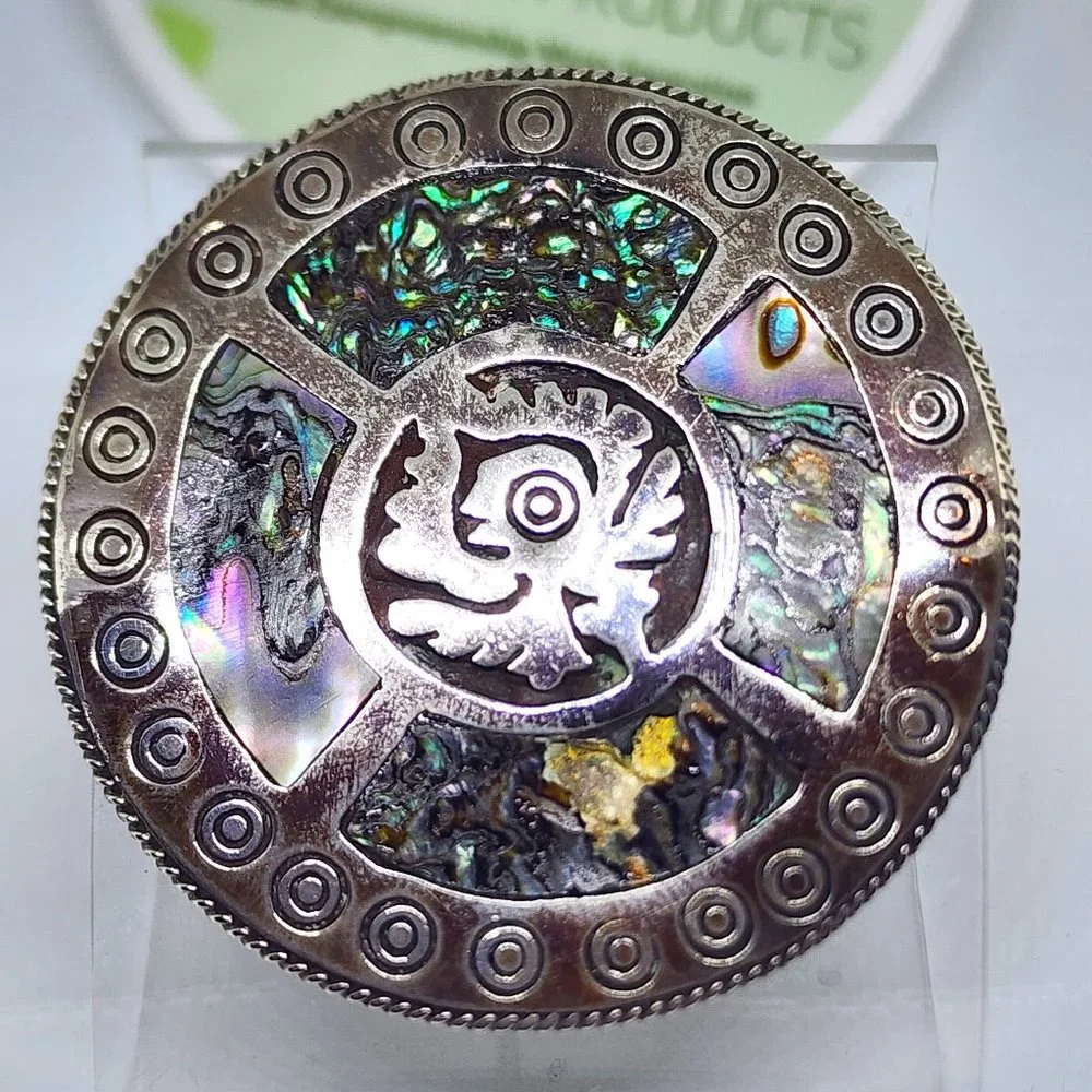 Vintage Taxco Sterling Silver Abalone Aztec Mexico Large Handmade Pin Pendant
